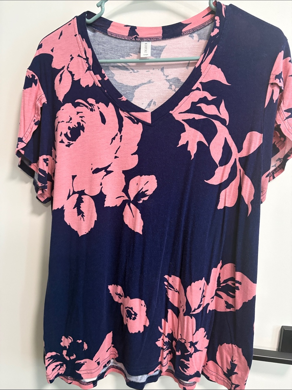 V-Neck Navy Blue Short Sleeve Top with Pink Floral Print